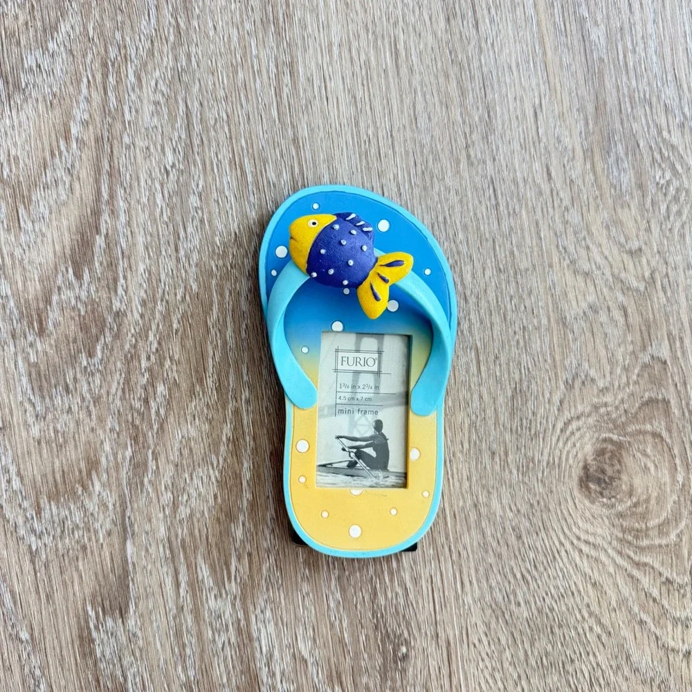 Furio Flip Flop Mini Picture Frame Blue Yellow Polka Dot 3D Fish Beach Decor 5in